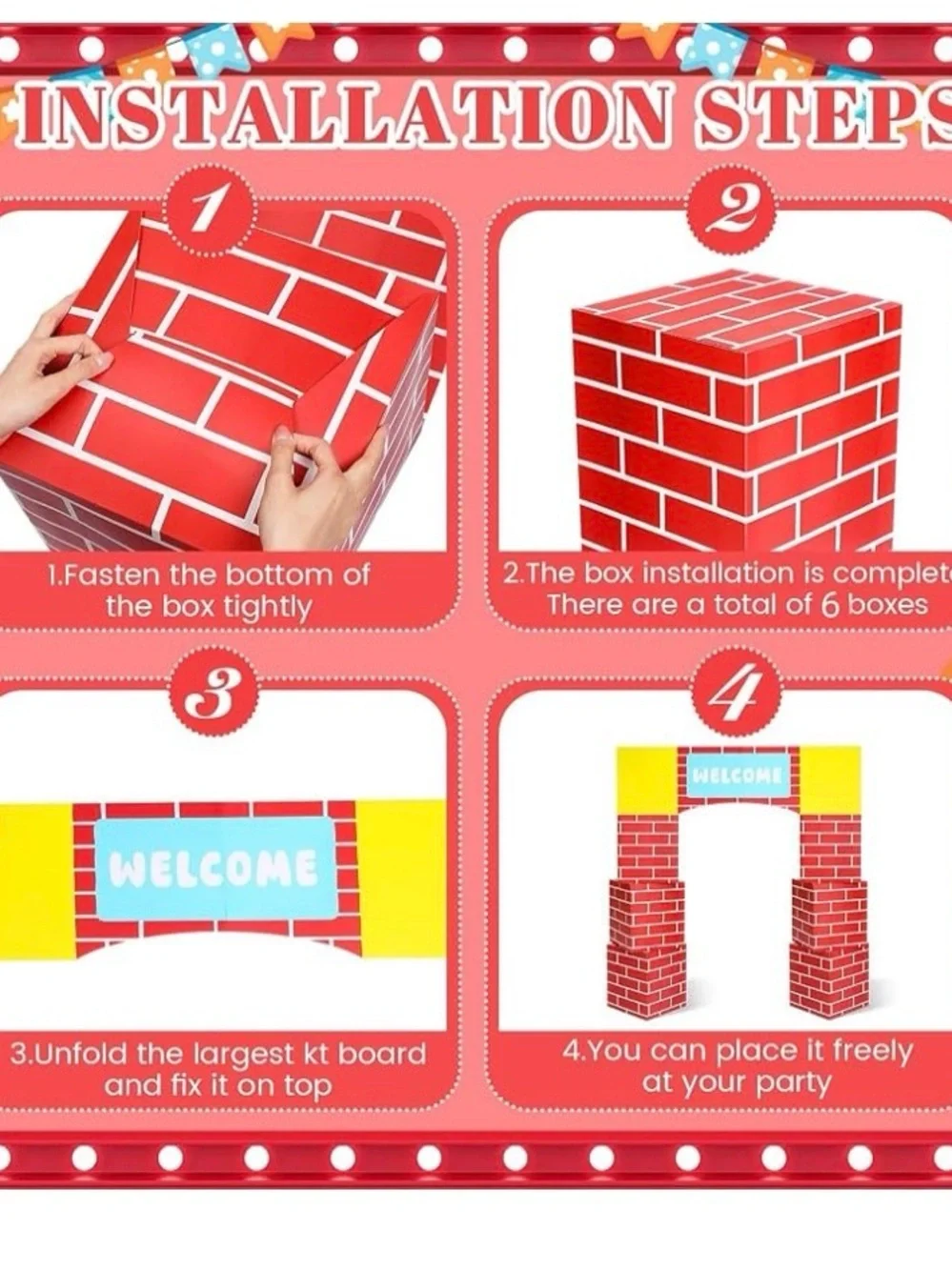 Red Brick Castle Arch Party Backdrop with Yellow Welcome Panel. Never opened